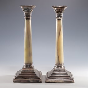 Pair English Sterling Silver & Onyx Candlesticks