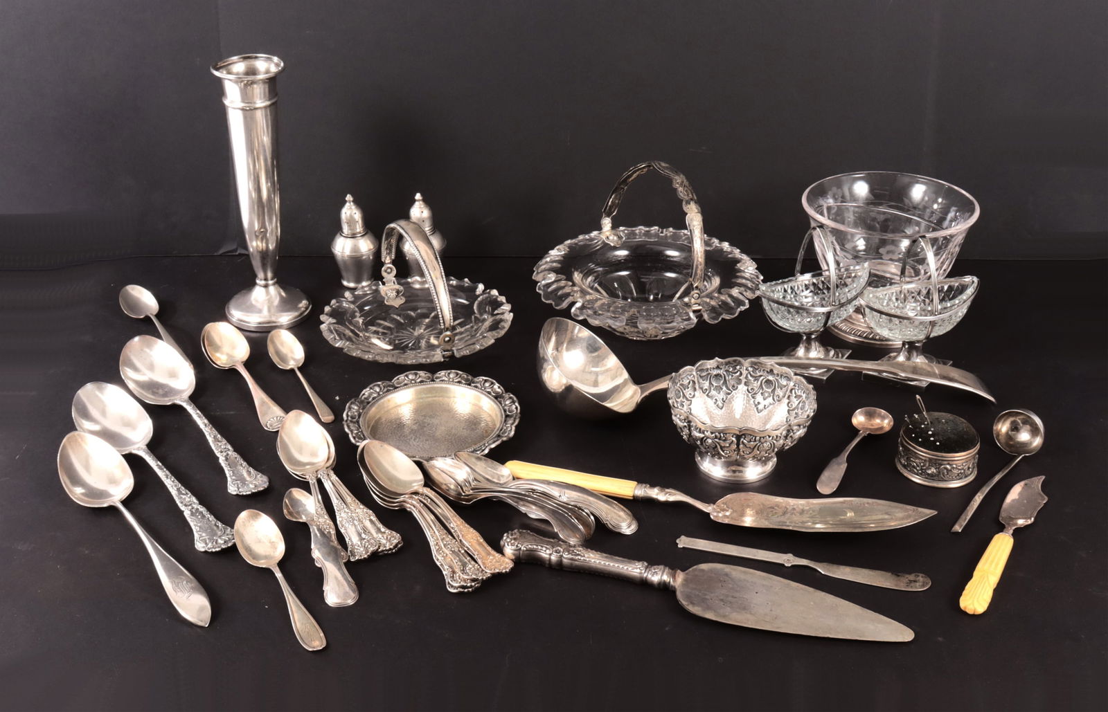 Sterling Silver Flatware & Tabletop: Sterling silver flatware and tabletop pieces, includes a monogrammed ladle marked Edward Ramsey, Exeter England, 1842, 9 monogrammed "G" teaspoons marked Bailey Bank and Biddle, 2 monogrammed Gorham s