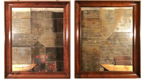 Pair Classical Style Walnut Mosaic Mirrors