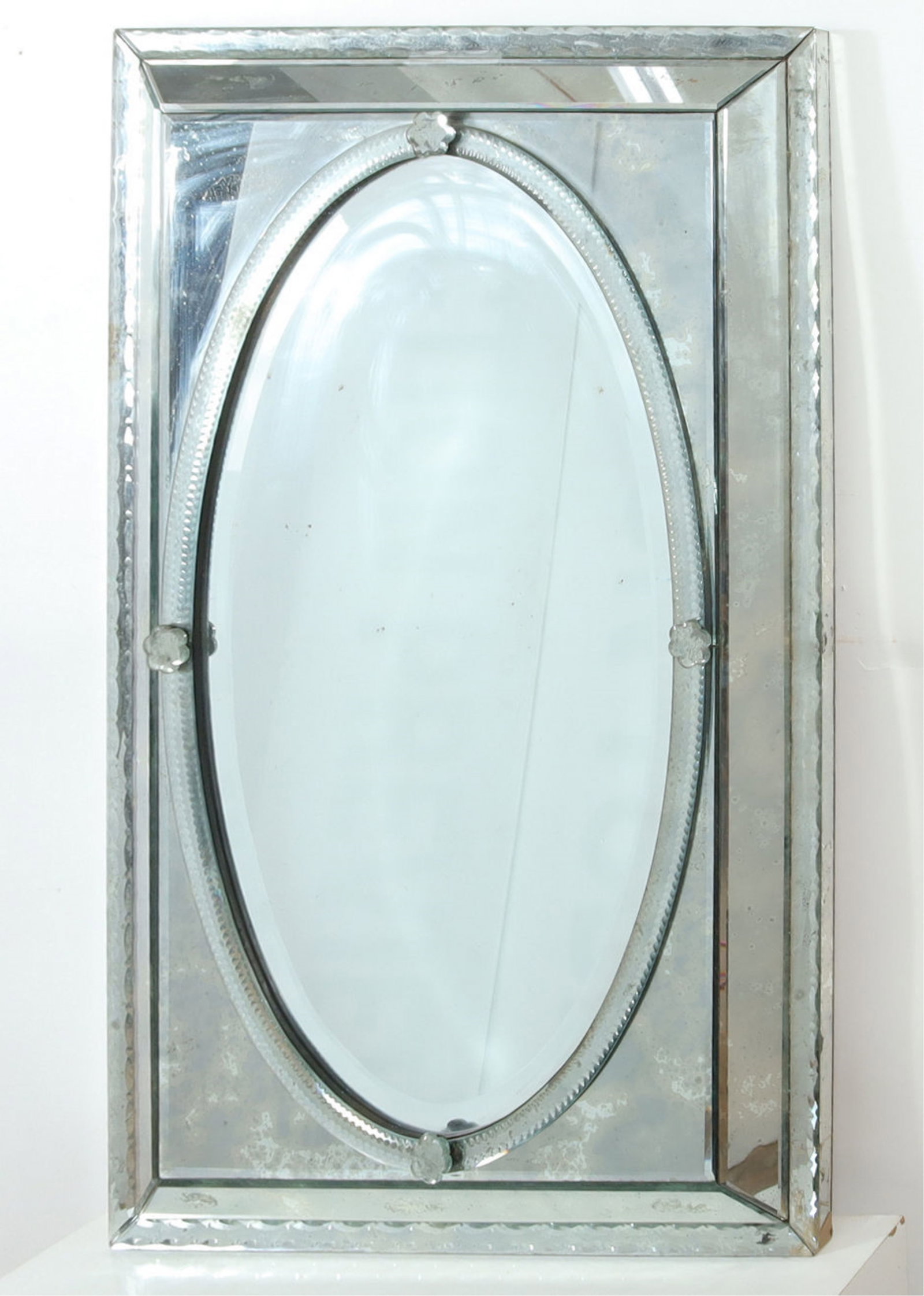 Venetian Etched Glass Mirror: Venetian Etched Glass Mirror 48.5" H x 31"W Property from a renowned fashion executive, Washington, CT.