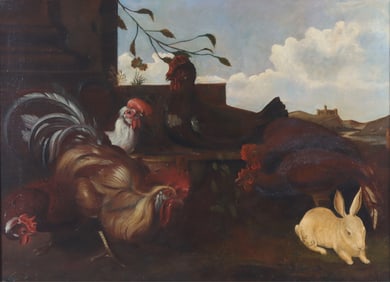 English School - Barnyard with Roosters and Rabbit