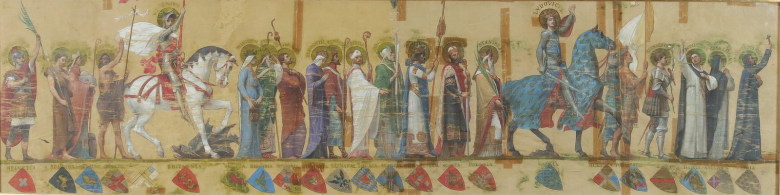 Frieze Painting Saints & Roman Emperor Procession: Frieze Painting of Saints with respective coat of arms in procession with St. George, patron saint of Britannia and Holy Roman Emperor Louis IV of Bavaria on horseback, paint on silk, verso applied fr