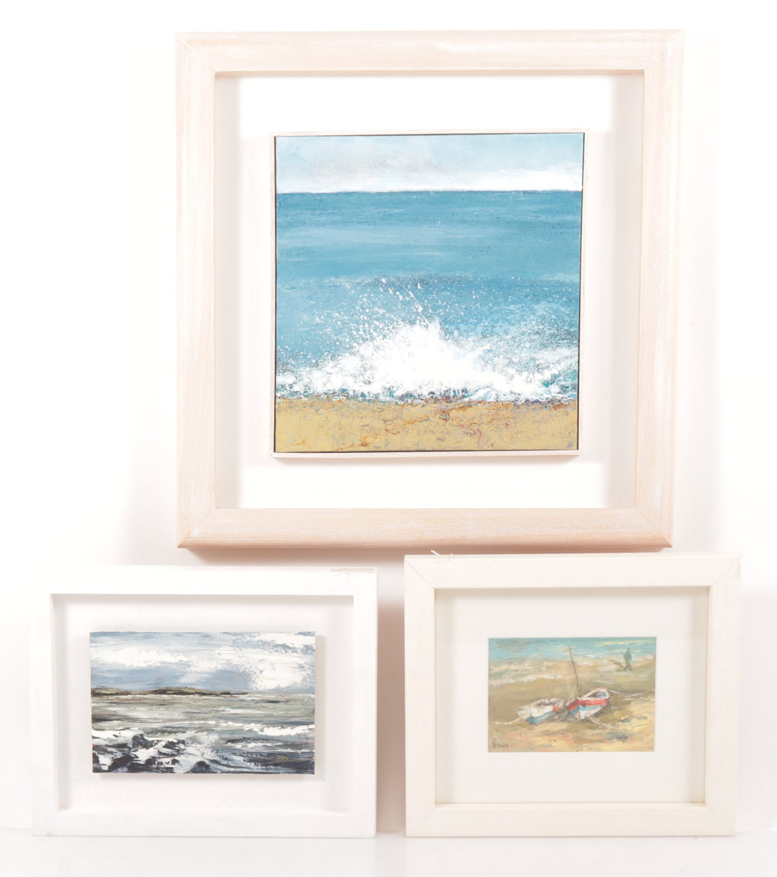 20th C. Irish Paintings - Cork & Sherkin Island: Three Paintings by 20th C. Irish artists, includes Danny Vincent Smith,(Cork), Boats on Beach, oil on canvas, Donagh Carey, (Cork) Love Island, oil on board along with Unknown Artist, Caught By The Ti