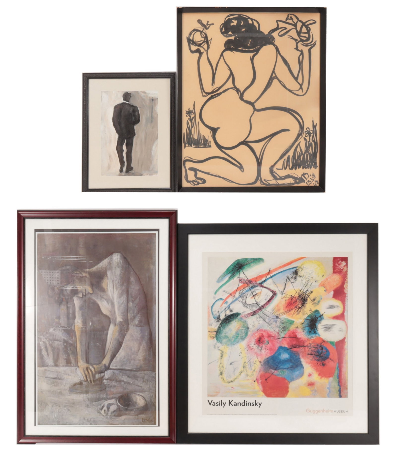 Wassily Kandinsky - Pablo Picasso - Posters: Wassily Kandinsky, Russia, 1866-1944, Black Lines, and Pablo Picasso, Spain, 1881-1973, Woman Ironing, posters for the Guggenheim Museum Exhibition, a Picasso inspired Nude Drawing, ink on paper, indi