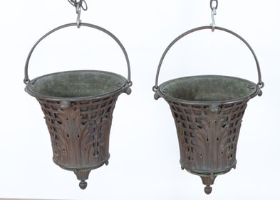 Pair Bronze Foliate Cast Hanging Planters, 19th C.