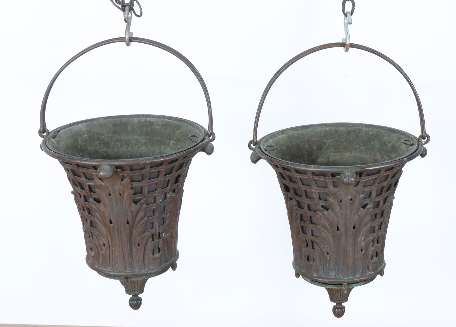 Pair Bronze Foliate Cast Hanging Planters, 19th C. (1 of 6)