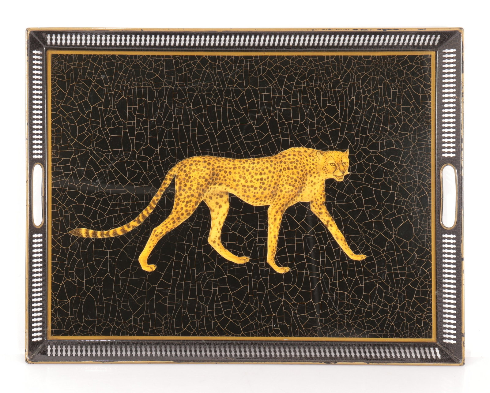 Cheetah Print Metal Tray: Possible Lynn Chase. Acrylic coating. 17.75" W x 23" L x 1.25" H Property from a renowned fashion executive, Washington, CT.