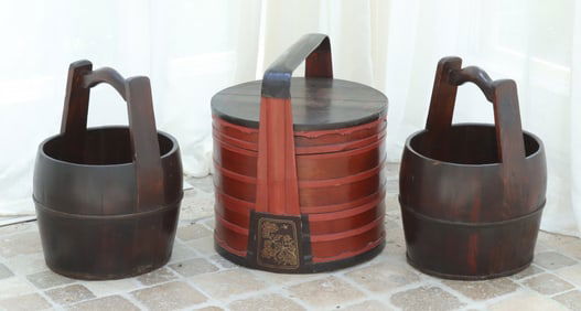 Chinese Lacquer Picnic Basket & Buckets