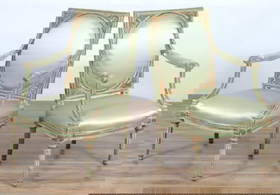 Pair Louis XVI Green & Grey Painted Fauteuils