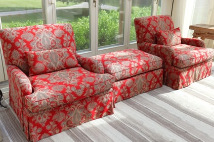 Pair of Upholstered Club Chairs & Ottoman