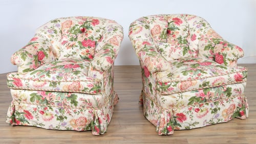Pair Victorian Style Upholstered Club Chairs
