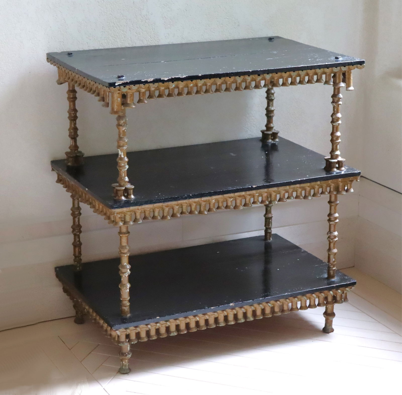 Country Black and Gold Painted Etagere (1 of 6)