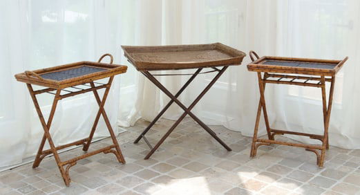 3 Woven Grass & Rattan Butler's Trays on Stands