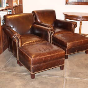 Pair Restoration Hardware Club Chairs & Ottomans