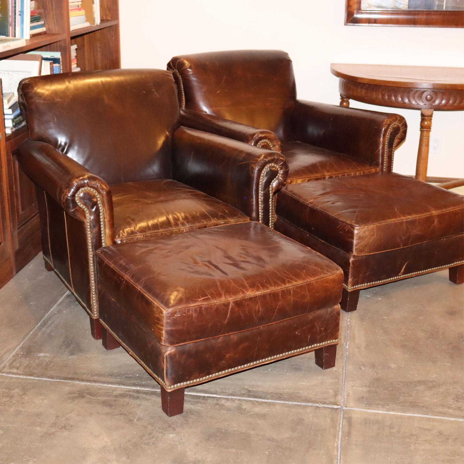 Pair Restoration Hardware Club Chairs & Ottomans (1 of 5)