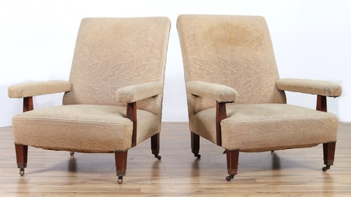 Pair English Mahogany Library Armchairs, 19th C.