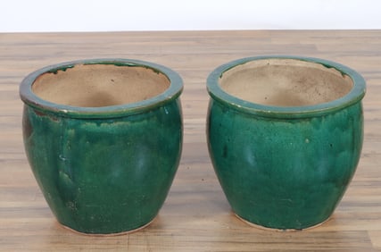 Pair Small Green Glazed Ceramic Planters
