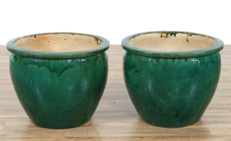 Pair Large Green Glazed Ceramic Planters
