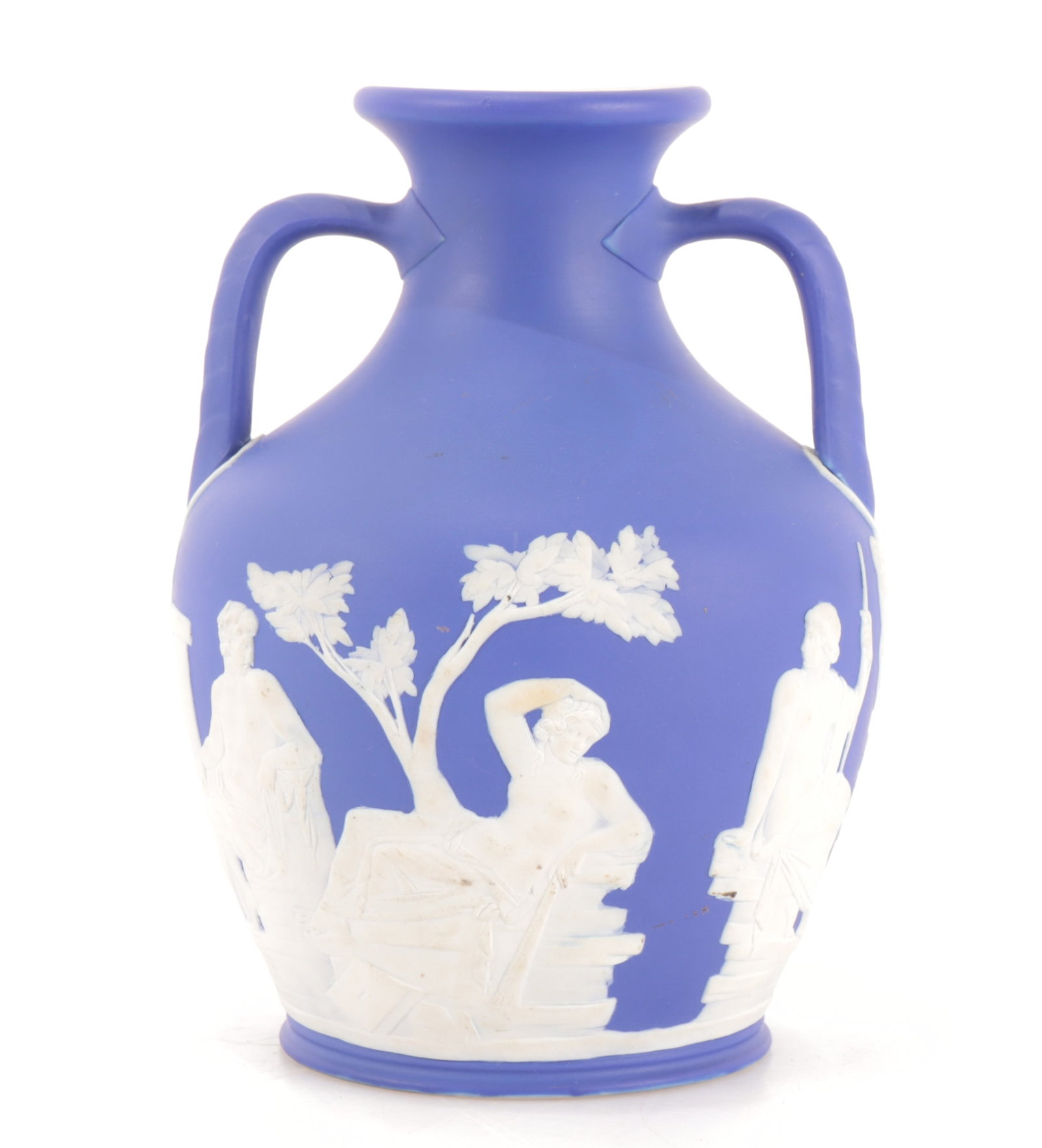 Wedgwood Blue Jasperware Portland Vase: Wedgwood Blue Jasperware Portland Vase, early to mid 19th C.7" H