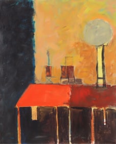 Abstract Cityscape w/ Water Towers, acrylic/canvas