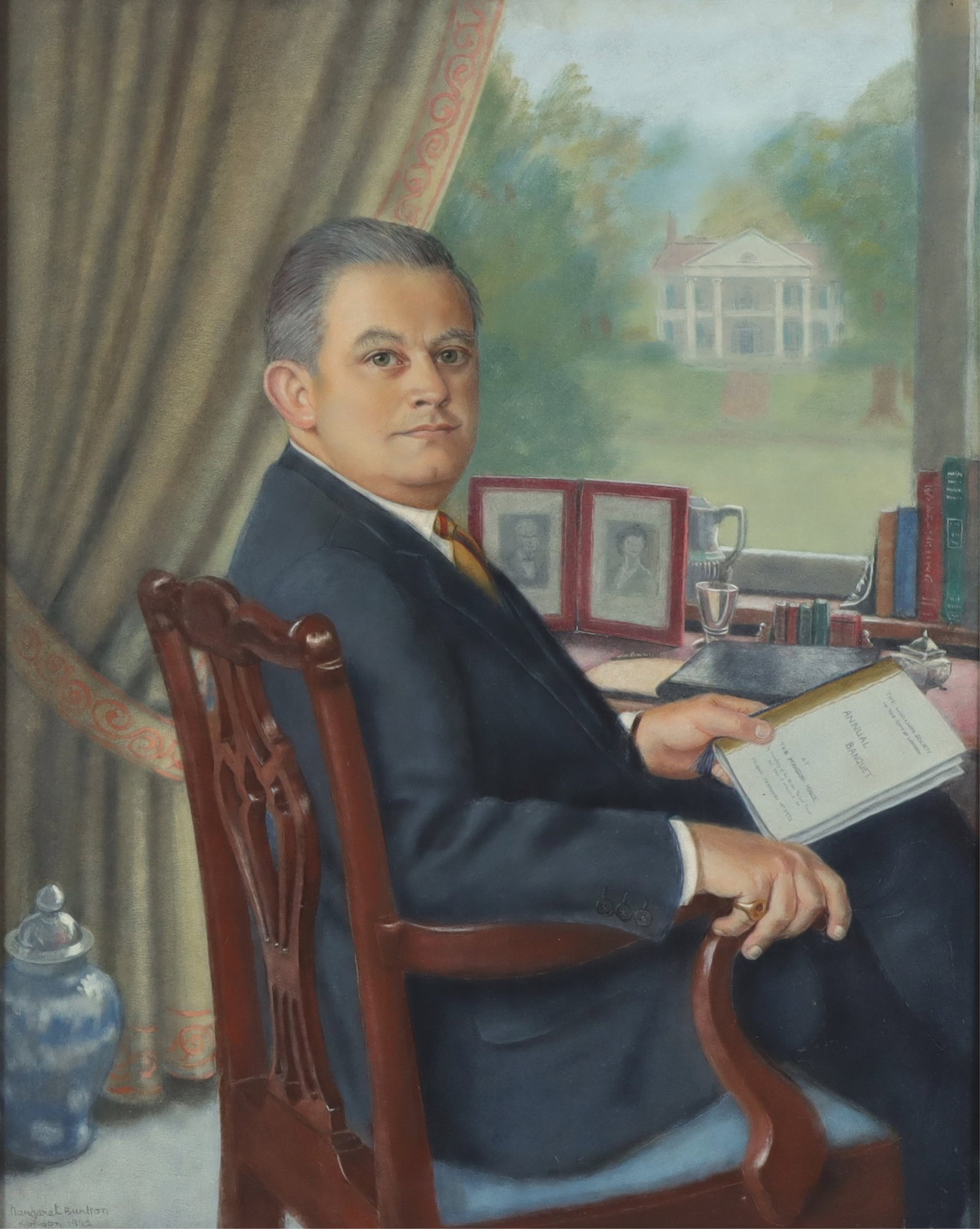 Margaret Burlton - Portrait of a Gentleman O/C: Margaret Burlton (British, 20th C.), Portrait of a Gentleman at Desk, oil on canvas, signed and dated 1972, London, lower right Dimensions: Framed 35.25" H x 28.75" W From a Bridgewater Connecticut Ho