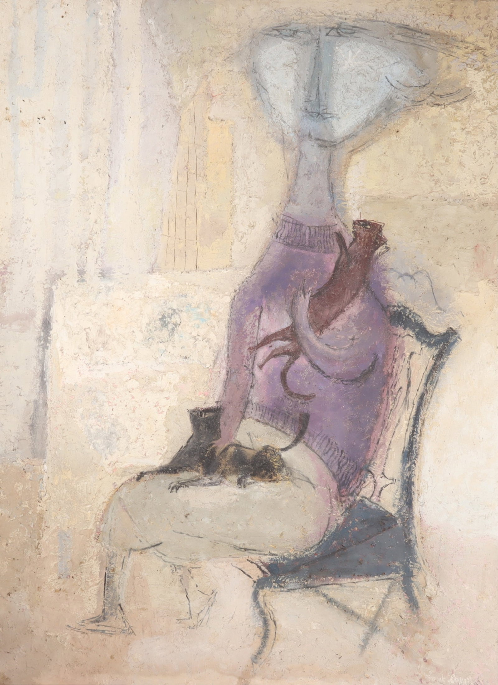 Frank Russell - Seated Lady with Cats - O/M: Frank Russell, American, 1921-1988, Seated Lady with Cats, oil on masonite board, unsigned. Note: Frank Russell is the husband of notable mid-century Indian Space Painter Gertrude Russell. He had seve