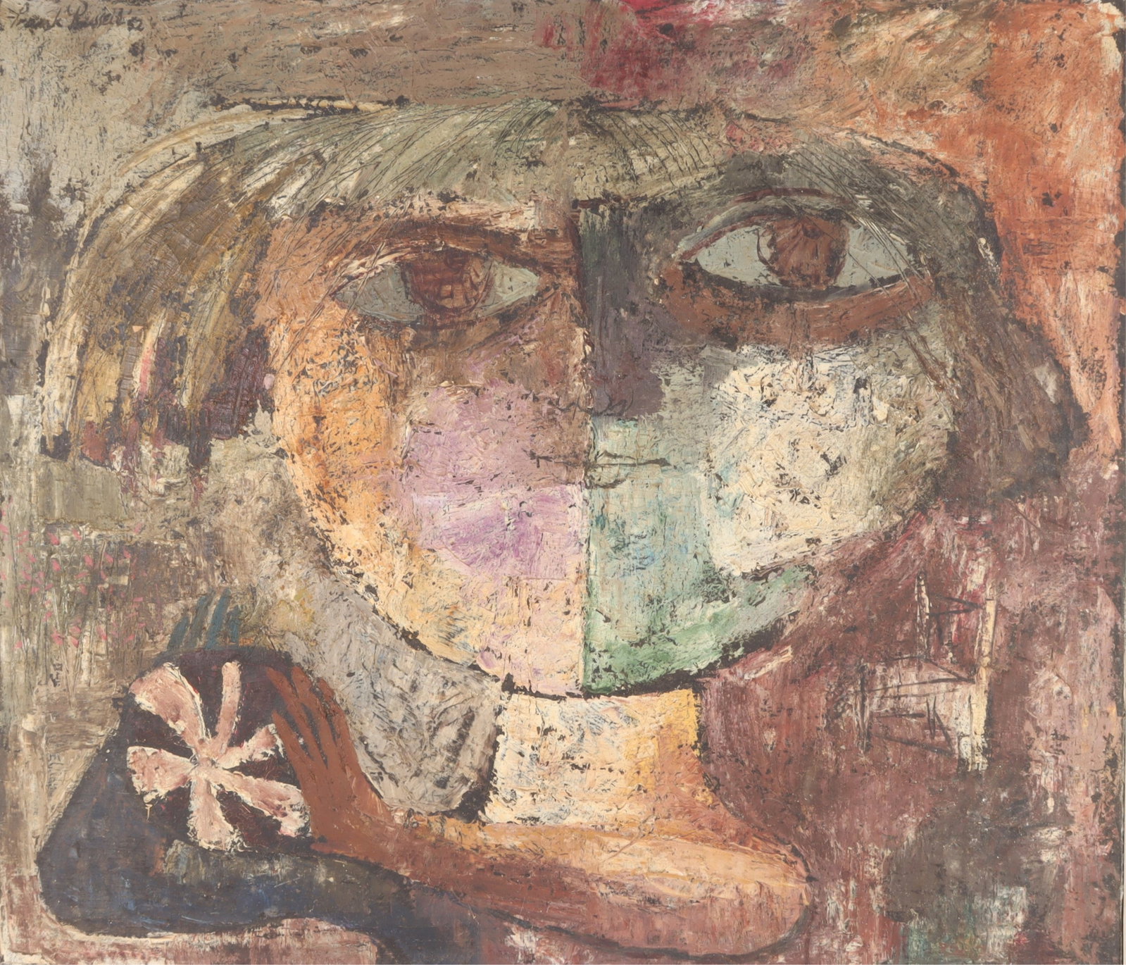 Frank Russell - Big Eyes - O/C: Frank Russell, American, 1921-1988, Big Eyes, oil on canvas, signed upper left corner, verso Artists Gallery stamp. Note: Frank Russell is the husband of notable mid-century Indian Space Painter Gertr
