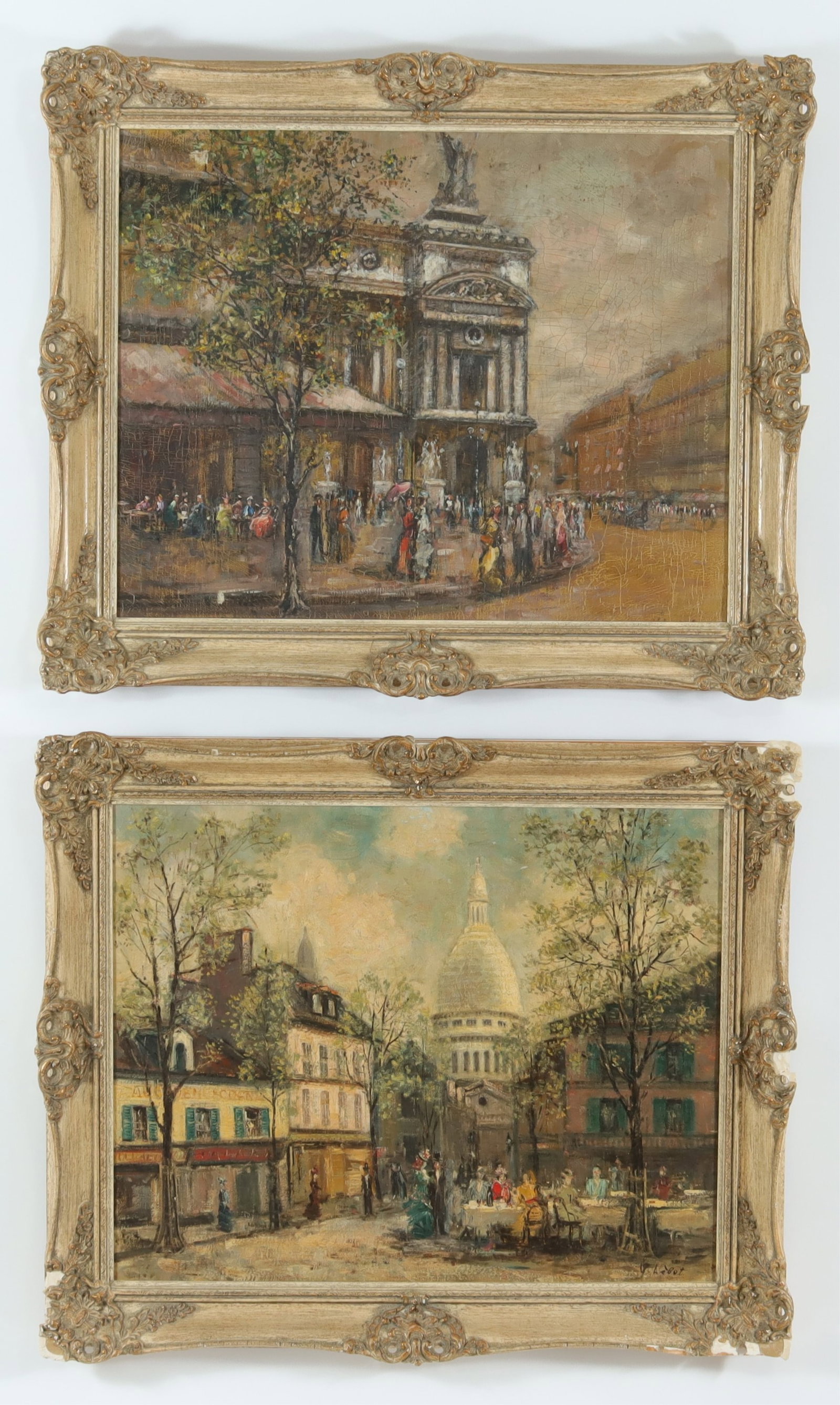 V LeBot - Pair Parisian Street Scenes: V LeBot - Pair Parisian Street Scenes, Opera & Sacre Couer, Oil on Canvas, one signed lower right V LeBot Dimensions: Sight 23.25" H x 29.25" W, Framed 30.25' H x 36.5" W