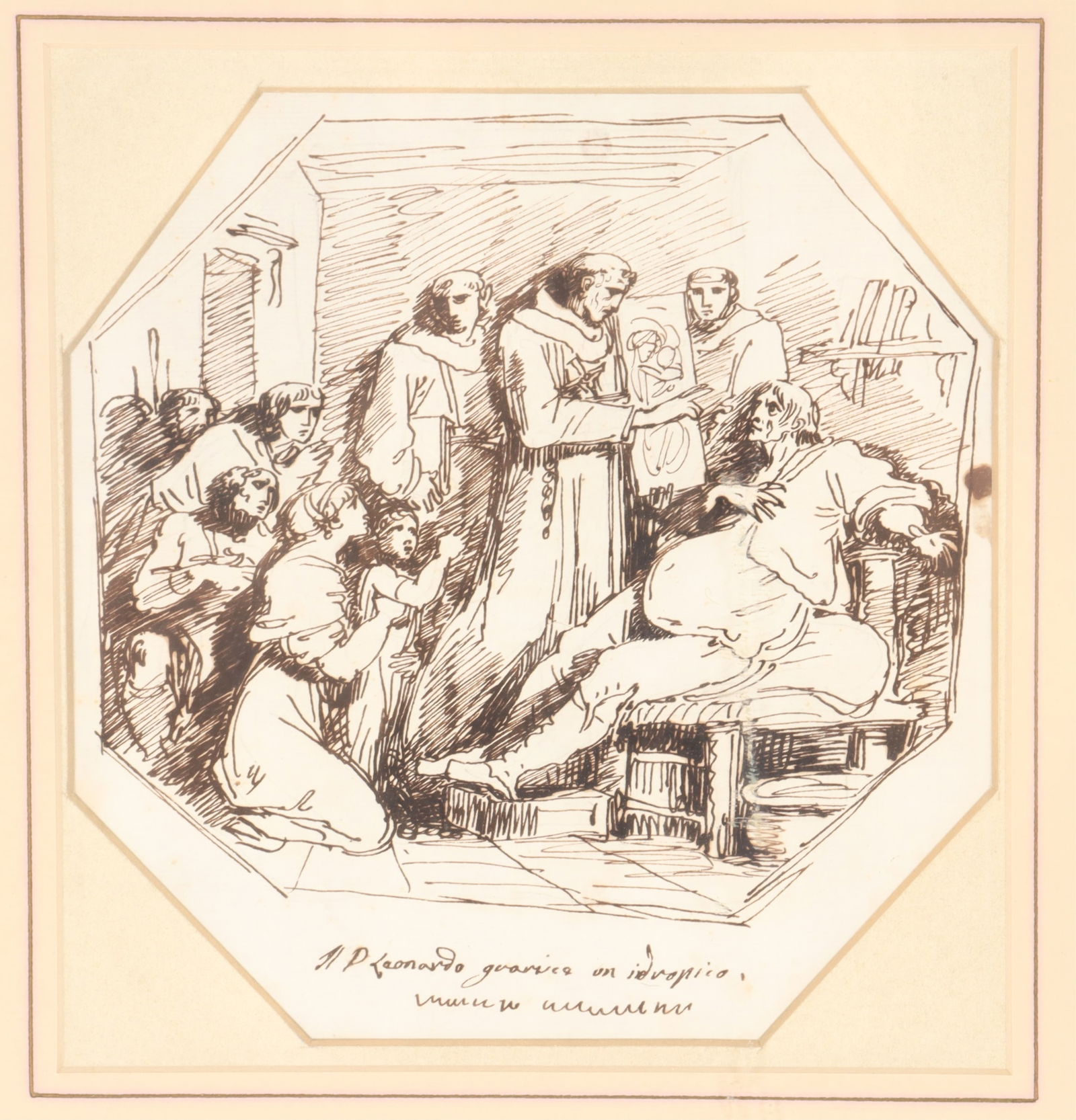 Attr. Felice Giani - Drawing on Leonardo: Attributed to Felice Giani (Italian, 1758 - 1823). Ink on paper drawing of Leonardo and onlookers. Inscribed 'Leonardo guarise un indropico'.Dimensions: 7.25 x 7.25" framed 14.5 x 13.5"