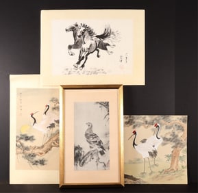 Asian Drawing - Galloping Horse, Cranes & Eagle