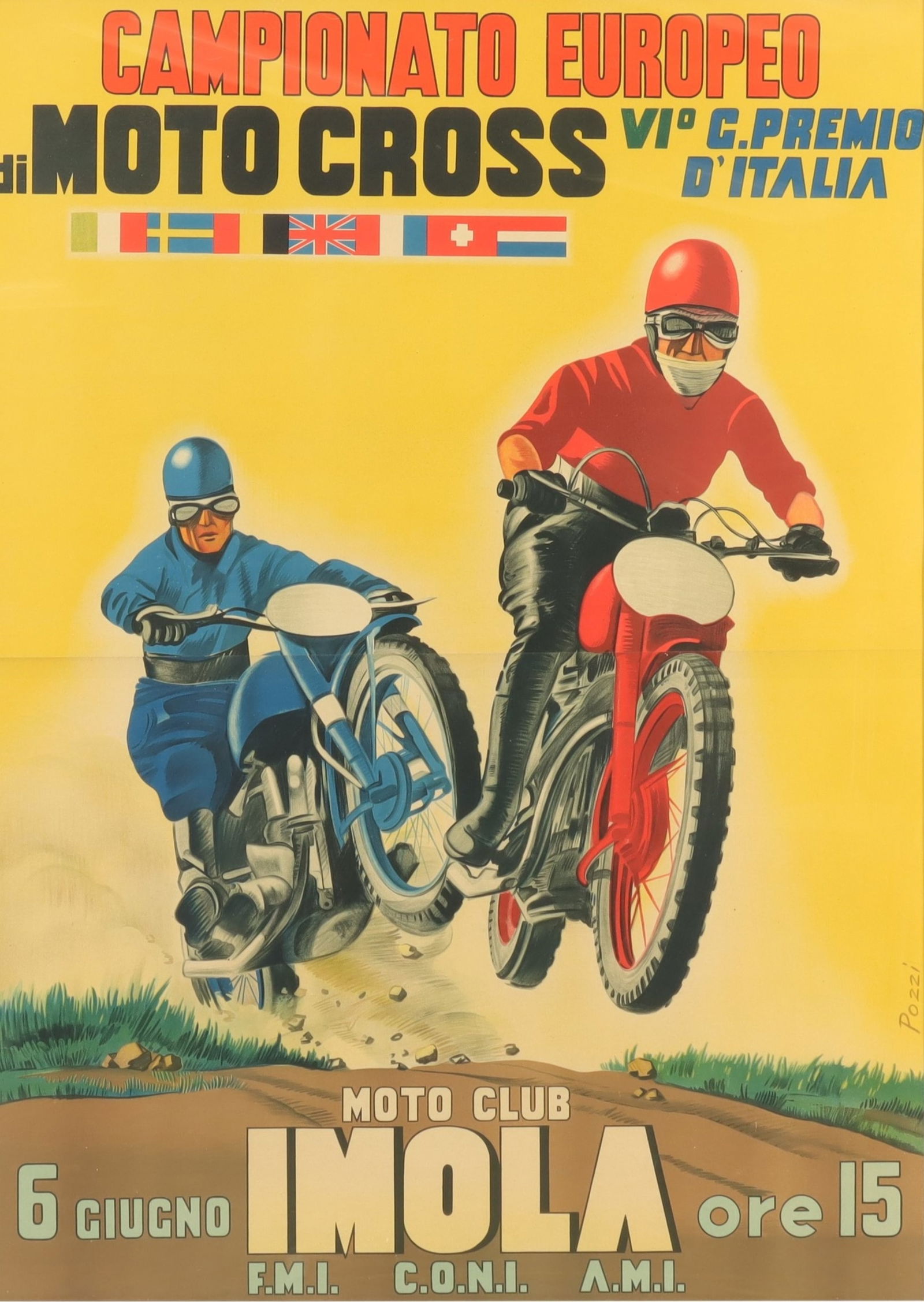Pozzi - Moto Club Imola Motorcross Poster: Italian language, reads "Campionato Europeo di Moto Cross Vio G. Pemio D'Italia, Moto Club Imola 6 Giugna ore 15 F.M.I. C.O.N.I A.M.I. Framer's label verso reads "Writing under mat: "Affissione aut. i