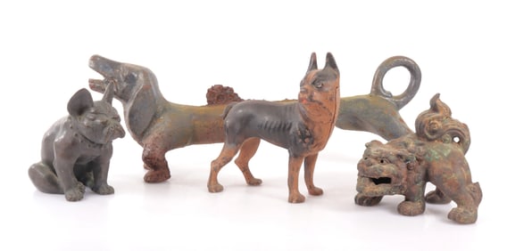 Assembled Group Cast Iron Dog Figures & Foo Lion