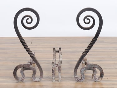Pr Scrolled Wrought Iron Andirons & Log Rest