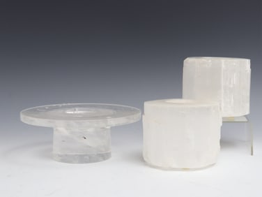 Rock Crystal Bowl & Pair Mineral Candlesticks