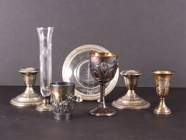 Seven Sterling Silver Mounted Table Items