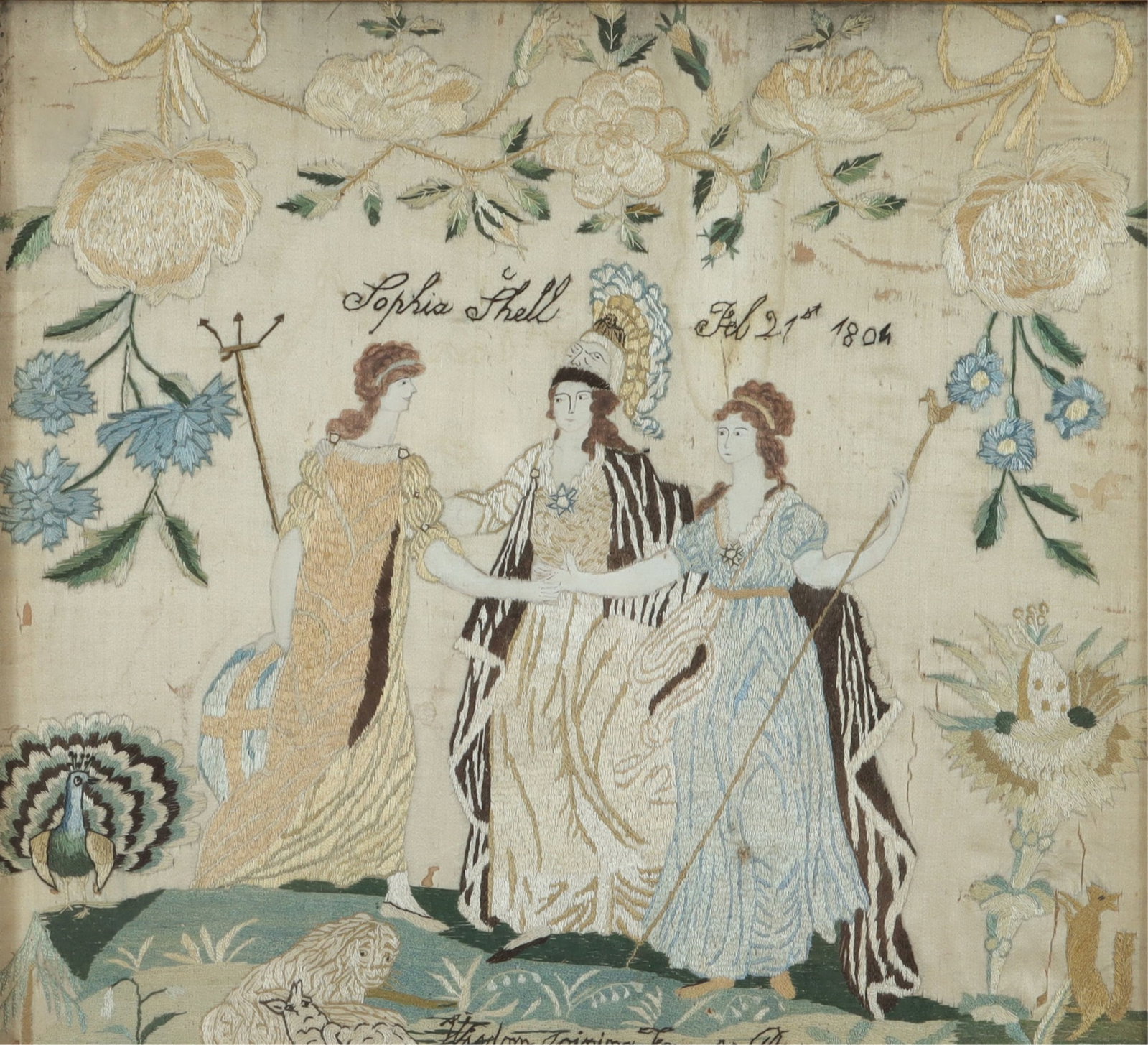 Regency Silk Embroidered Panel, Sophia Shell, 1804: Regency Silk Embroidered Panel, Sophia Shell, Feb 29th, 1804Purchased: Doyle NY, Jan 22, 2020, Lot 309 Dimensions: 20.5" H x 21.75" W Property from a Northwest Connecticut estate