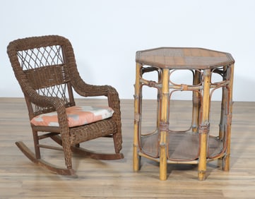 Wicker Child's Rocker & Rattan Side Table