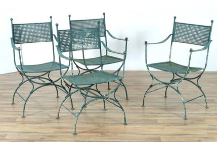 Green Painted Iron Curule Armchairs