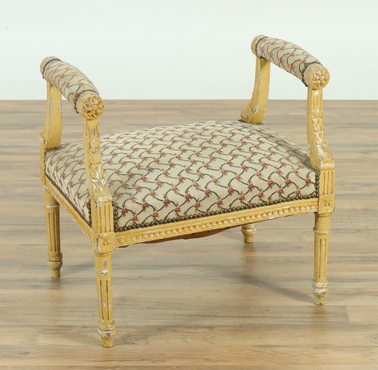 Louis XVI Style Painted Stool: Louis XVI style painted stool with upholstered seat, distressed cream paint with wear Dimensions: 24 x 24 x 17 1/2 From a Manhattan Residence