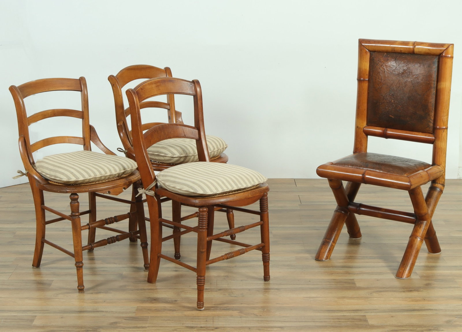 French Provincial Cherry & Bamboo Side Chairs: 4 French Provincial Cherry & Bamboo Side Chairs, variously upholstered Dimensions: 39"H x 19"W x 19"D From a Manhattan Residence