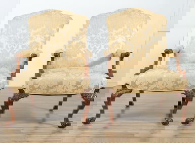 Pair George II Style Walnut Library Armchairs