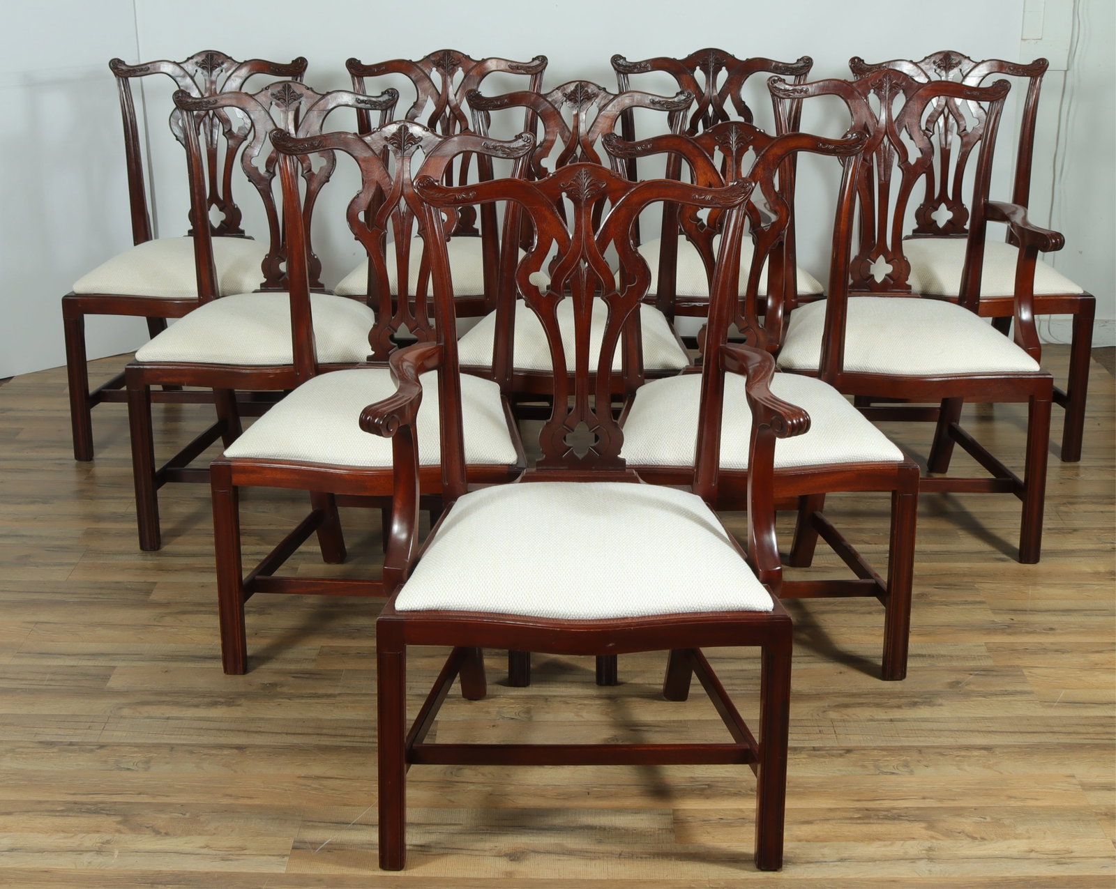 George III Style Mahogany Dining Chairs: 10 George III Style Mahogany Dining Chairs, including 2 arms, upholstered in off white woven fabric Dimensions: 39.5" H x 23" W x 23" D