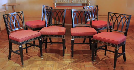 Six Regency Style Black Painted Dining Chairs