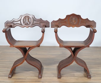 Pair Renaissance Revival Walnut Savonarola Chairs