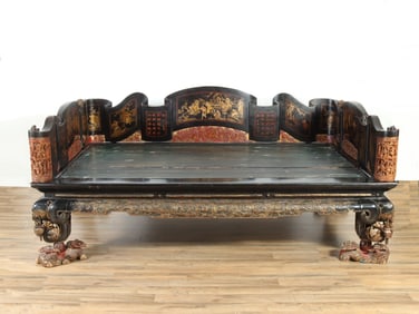 Chinese Lacquered Polychrome Opium Bed