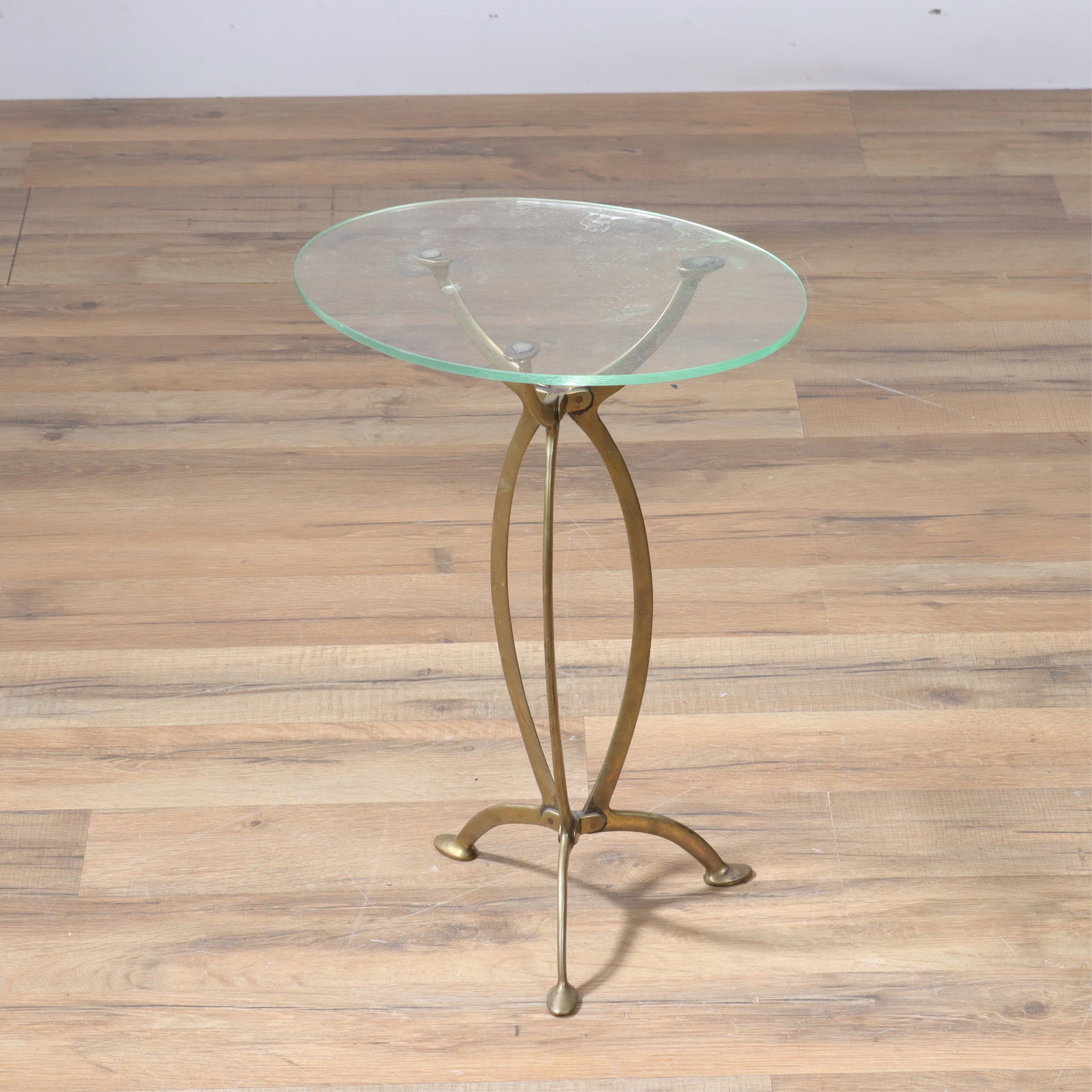 Harris & Sheldon Modernist Brass Side Table: Harris & Sheldon Modernist Brass Side Table, stamped Dimensions: 15.5" H x 9.25" D Property from a Northwest Connecticut estate