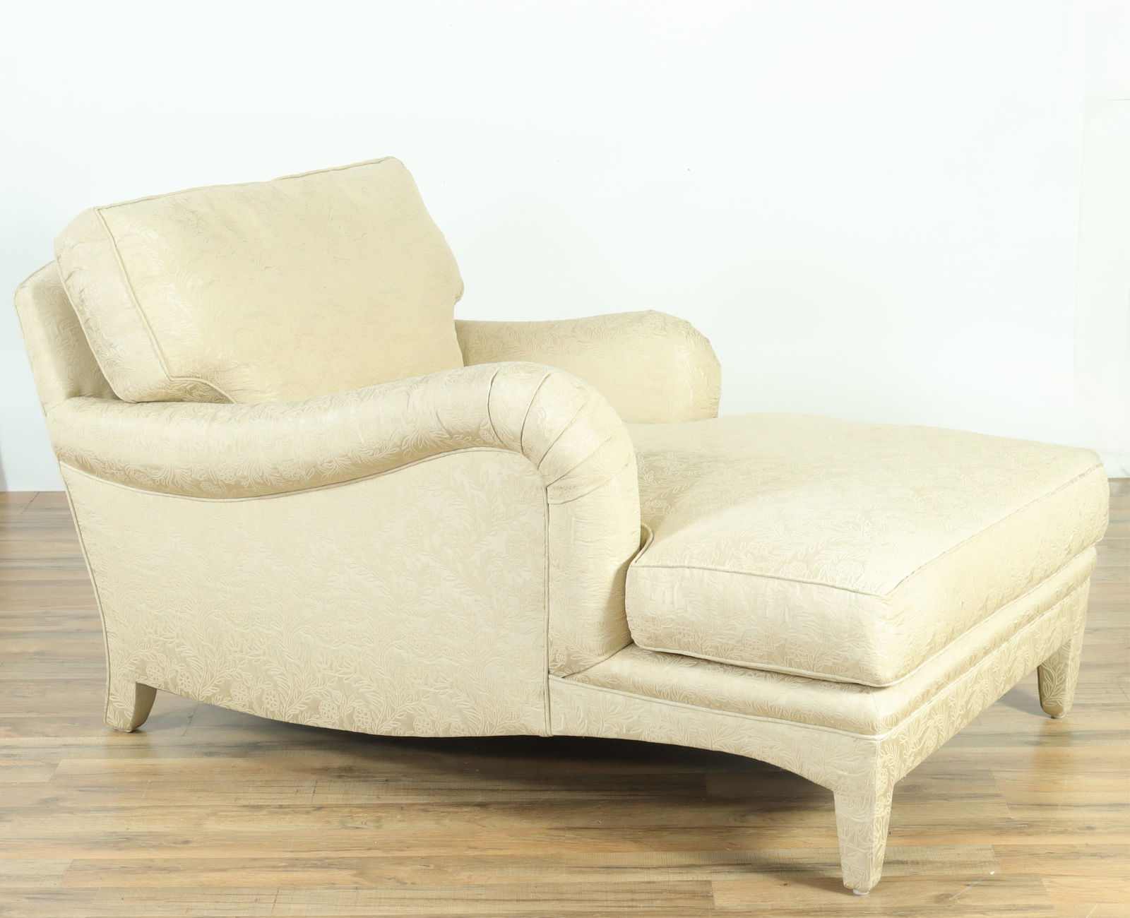 Custom Contemporary Upholstered Chaise Lounge: Custom Contemporary Upholstered Chaise Lounge, upholstered in mint brocadeDimensions: 32" H x 36" W x 57" HProperty from a Northwest Connecticut collection