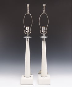 Pair of Tommi Parzinger Style White Marble Lamps