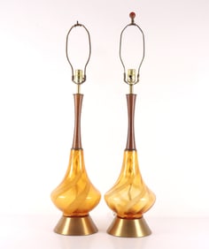 Pair Mid Century Amber Swirl Glass Lamps