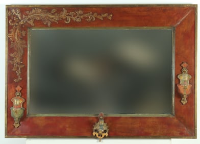Tibetan Brass Mounted Red Painted Mirror